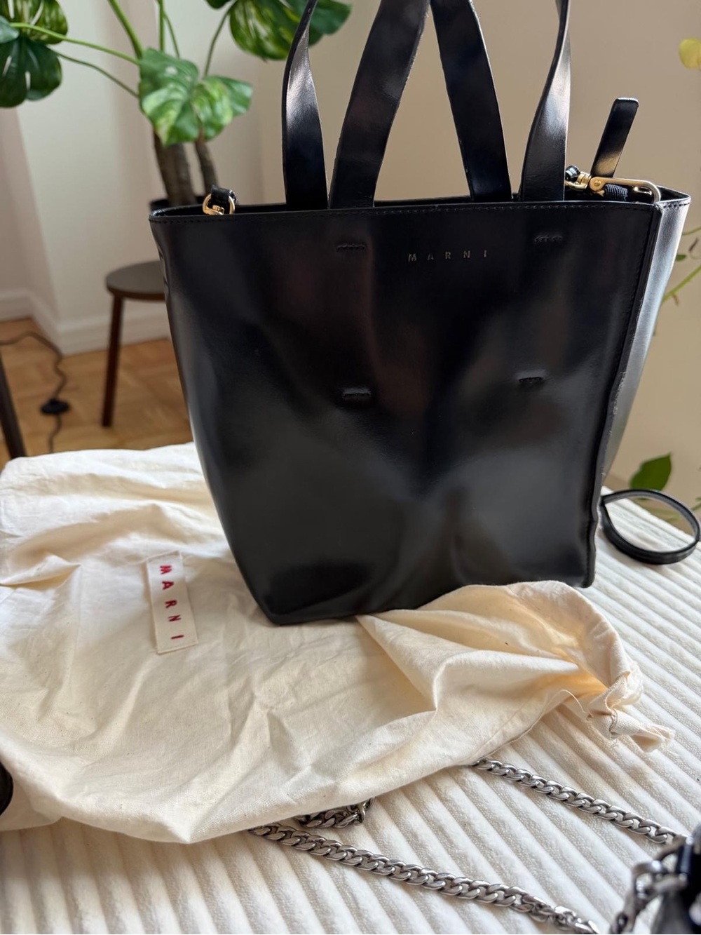 Marni Black Smooth Leather Tote with Top Handles